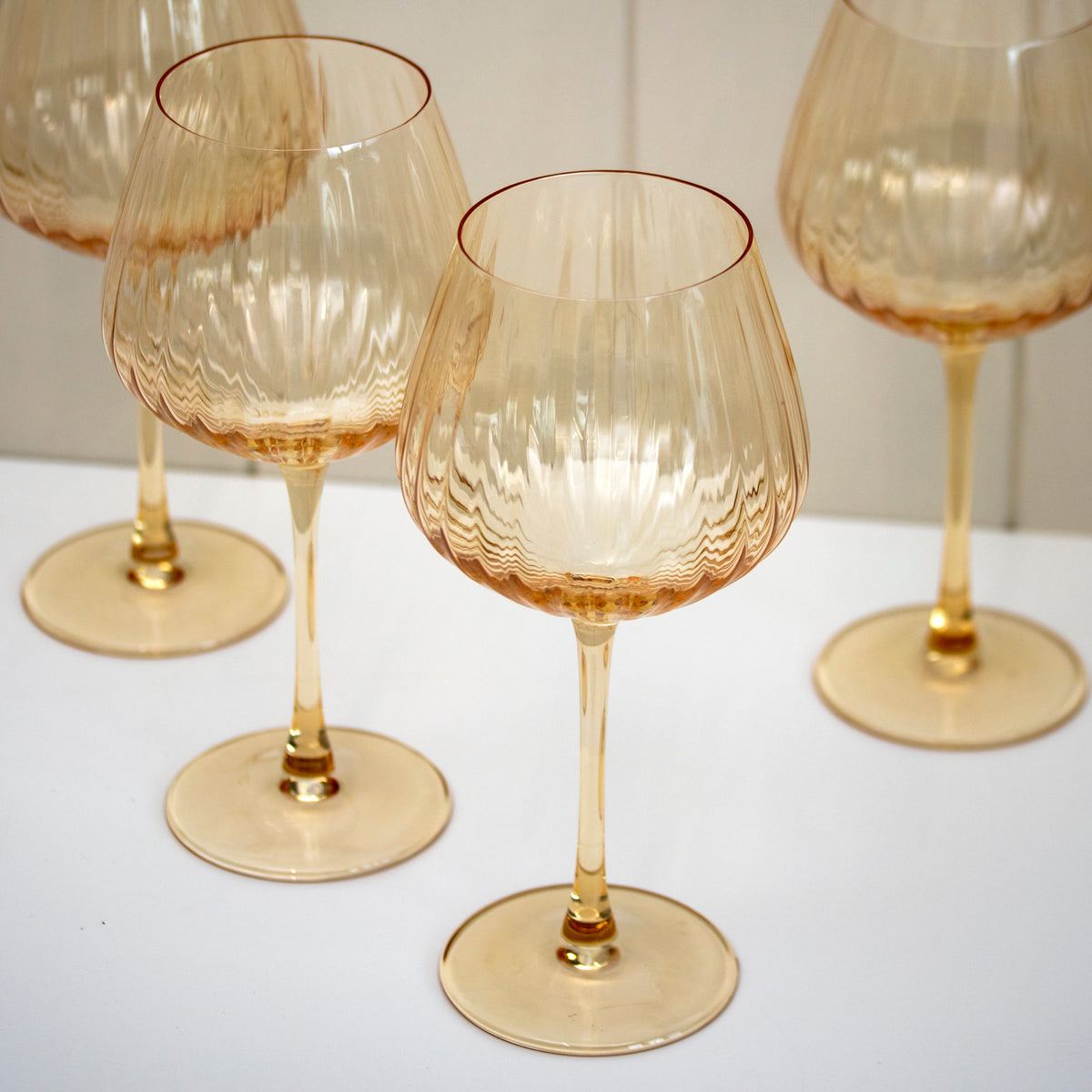 Set Of 4 Amber Ribbed Stemmed Gin Glasses