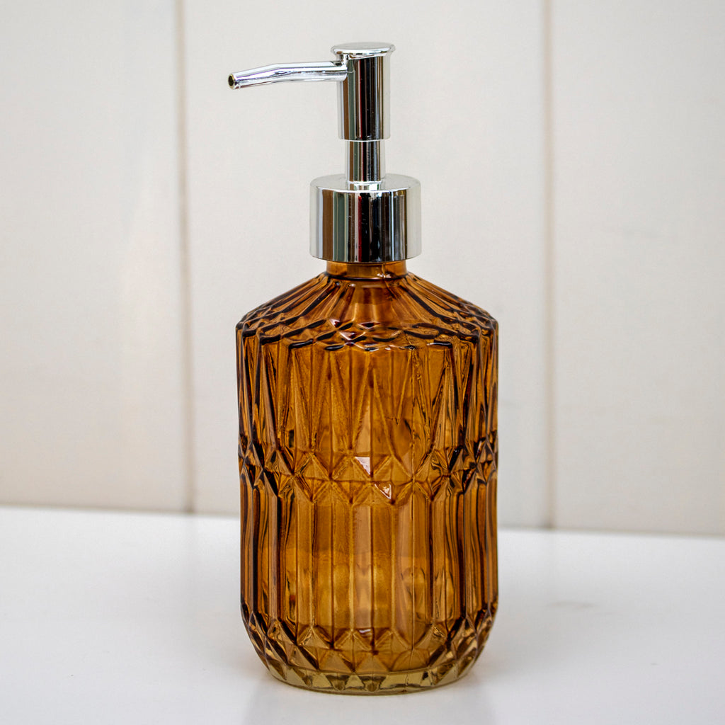 Set Of 2 Amber Brown Diamond Glass Soap Dispensers