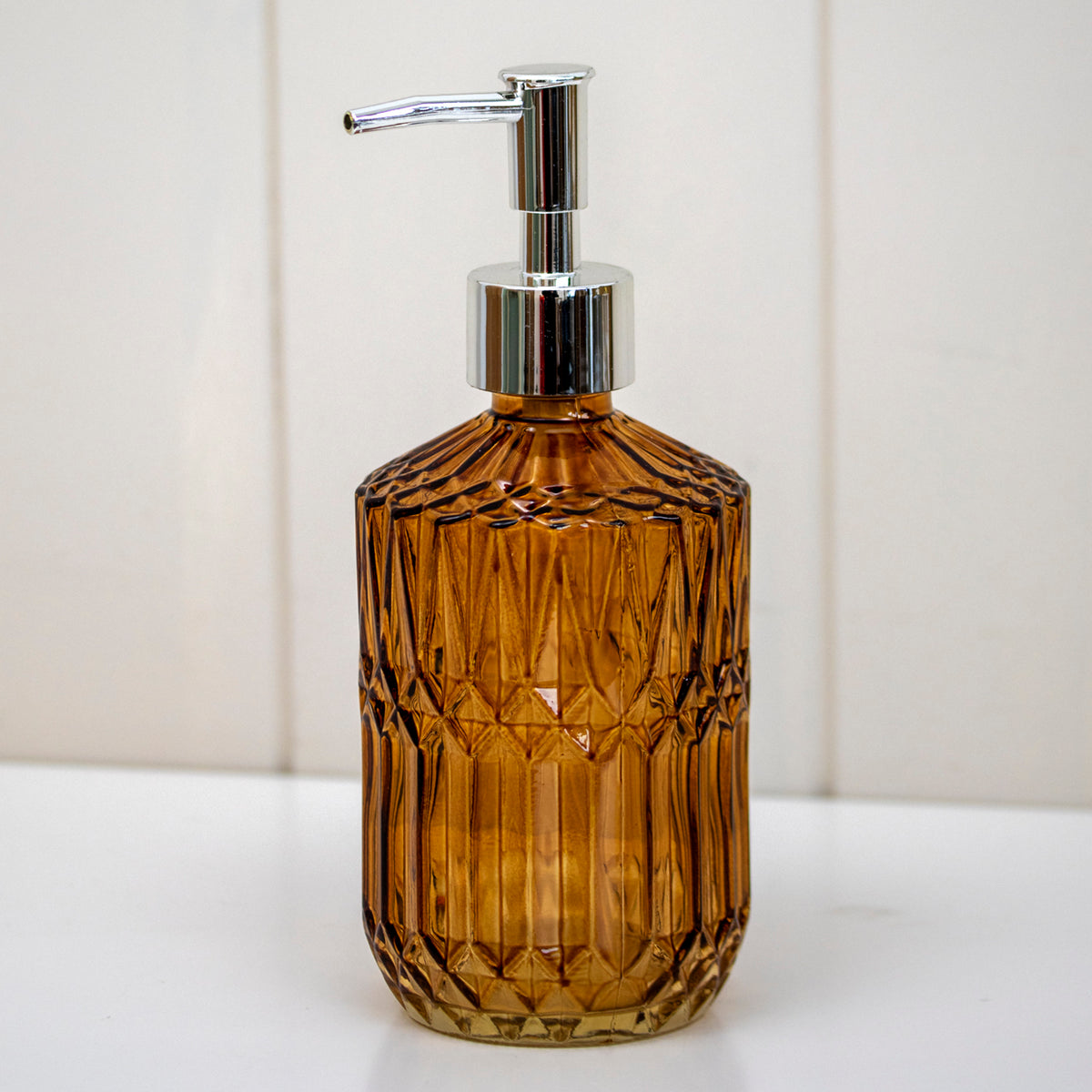 Set Of 2 Amber Brown Diamond Glass Soap Dispensers