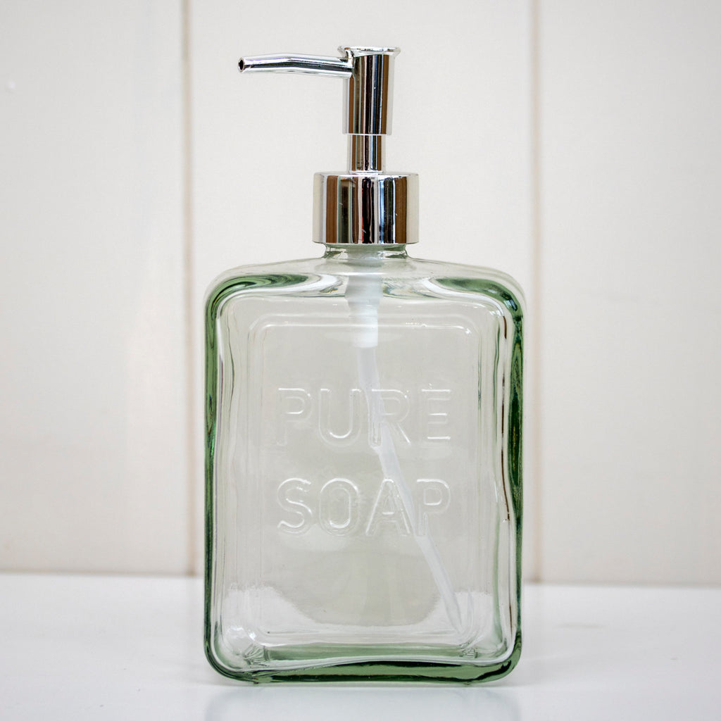 Set Of 2 Clear Glass Embossed Pure Soap Dispensers