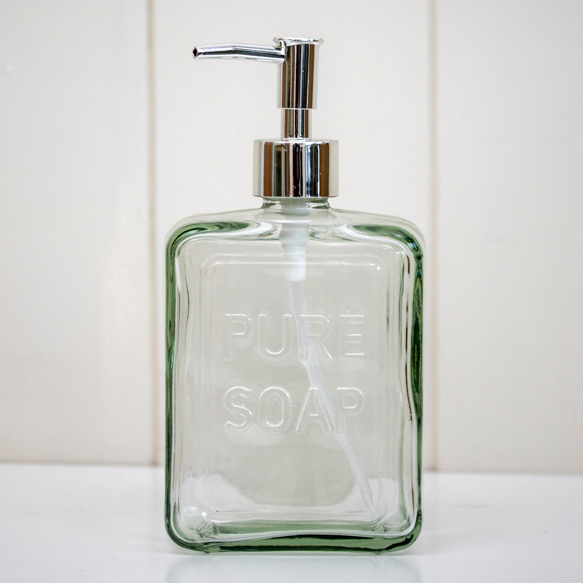 Set Of 2 Clear Glass Embossed Pure Soap Dispensers