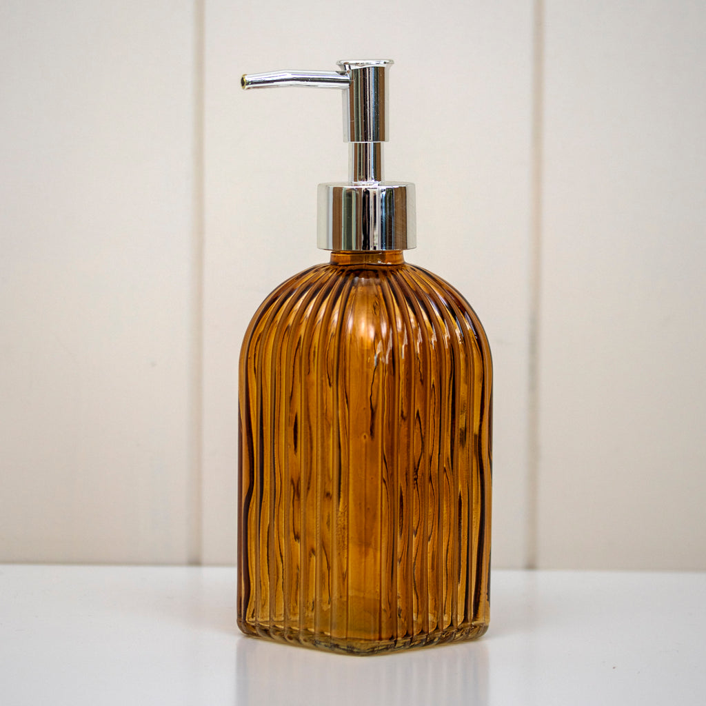 Set Of 2 Brown Ribbed Glass Soap Dispensers