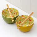 Set Of 2 Floral Songbird Noodle Bowls With Chopsticks