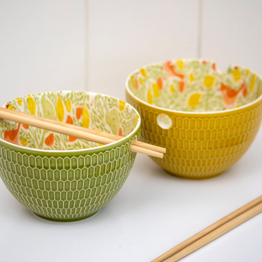 Set Of 2 Floral Songbird Noodle Bowls With Chopsticks