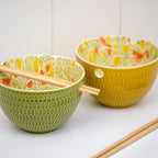 Set Of 2 Floral Songbird Noodle Bowls With Chopsticks