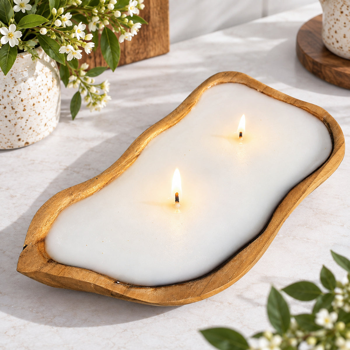 Teak Root Wooden Leaf 2 Wick Candle Bowl