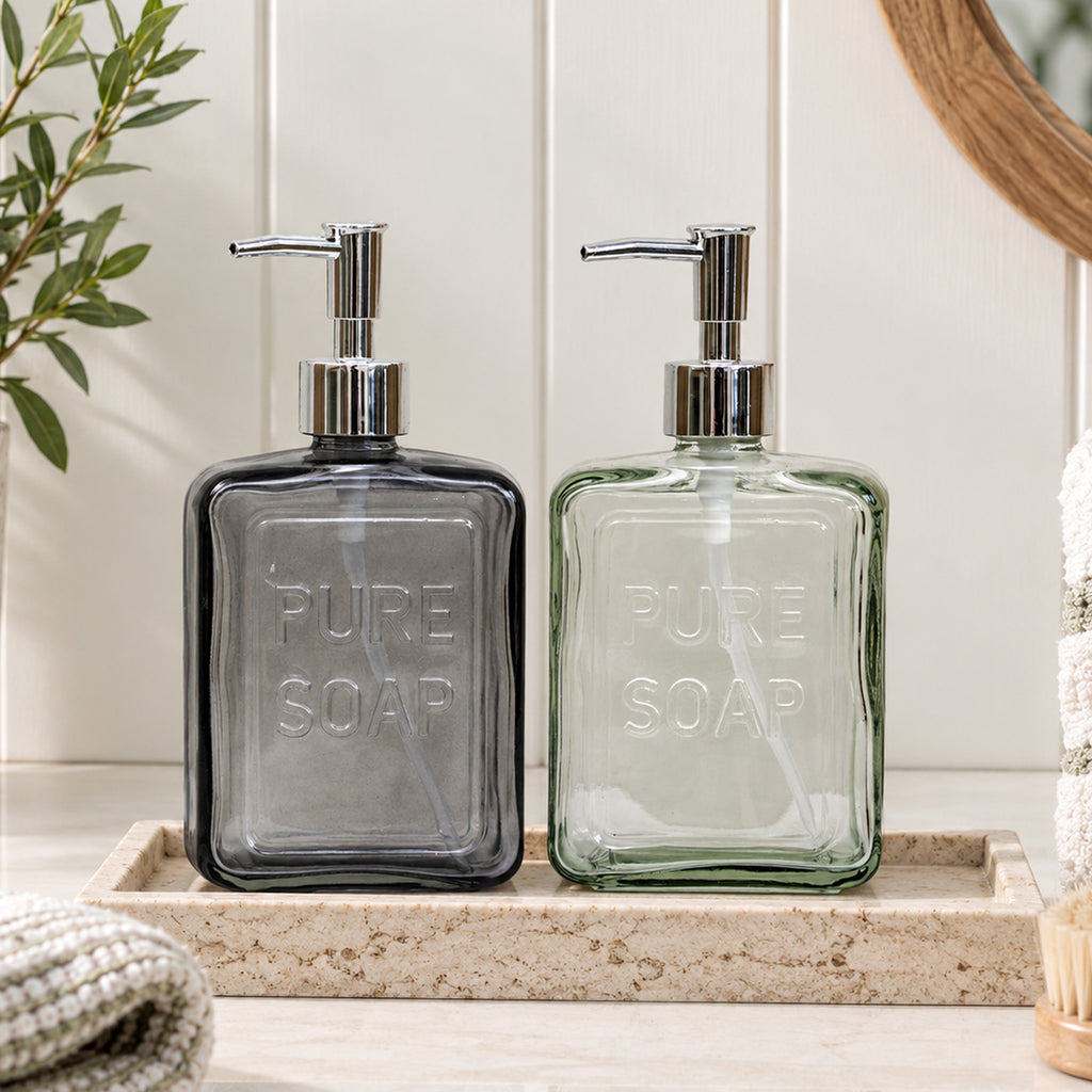 Set Of 2 Glass Embossed Pure Soap Dispensers
