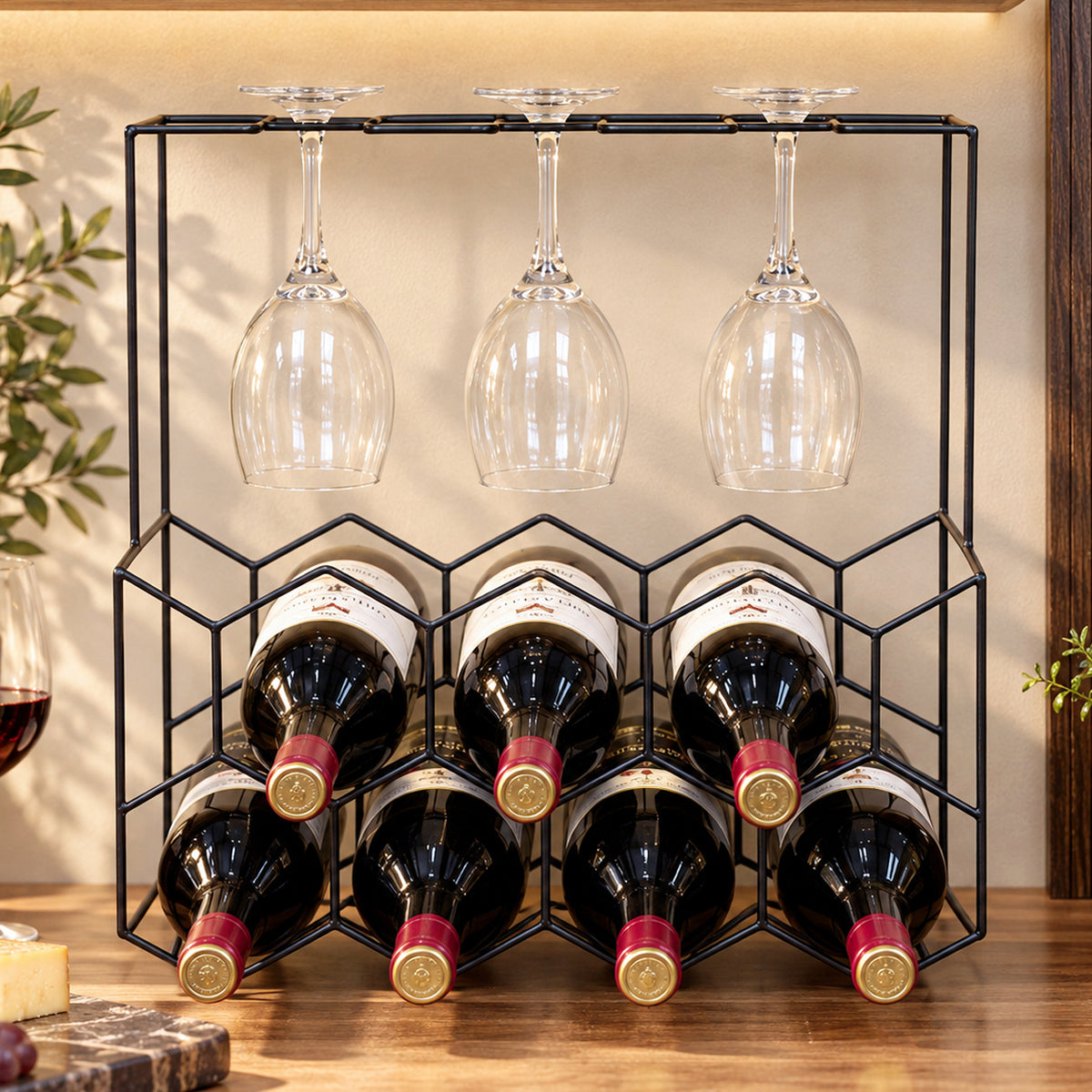 Black Geometric 7 Bottle Wine & Glasses Rack