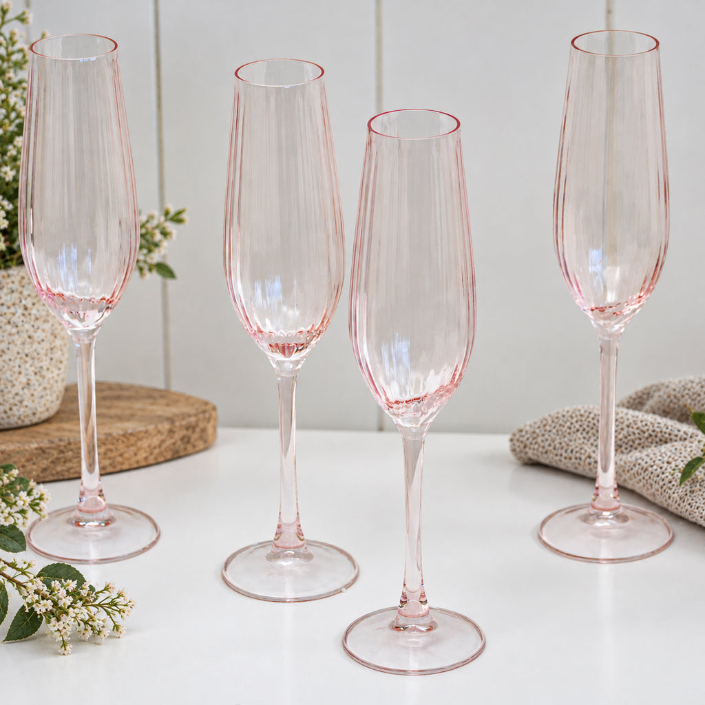 Set Of 4 Pink Ribbed Champagne Flute Glasses