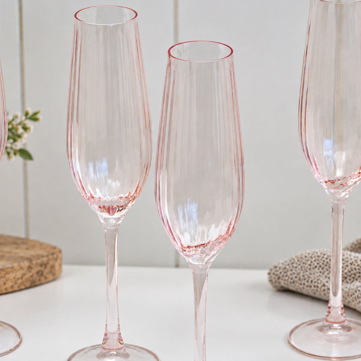 Set Of 4 Pink Ribbed Champagne Flute Glasses