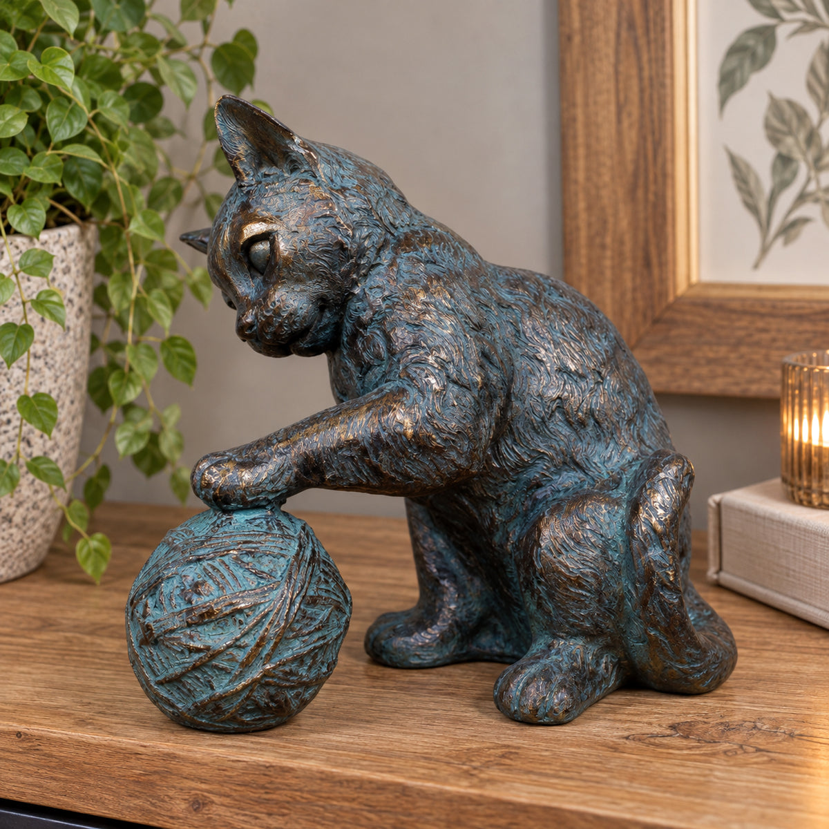 Bronze Cat Playing With Wool Ball Ornament
