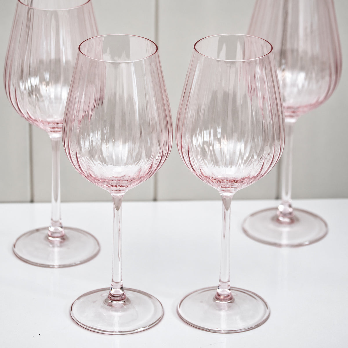 Set Of 4 Pink Ribbed Stemmed Wine Glasses