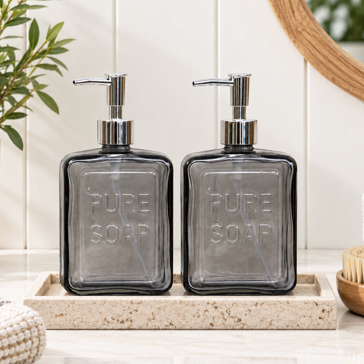 Set Of 2 Grey Glass Embossed Pure Soap Dispensers