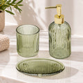 Set Of 3 Green Ribbed Glass Bathroom Accessories