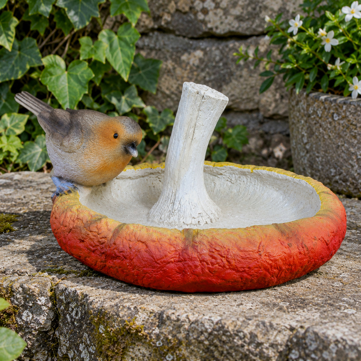 Robin on Mushroom Garden Bird Feeder