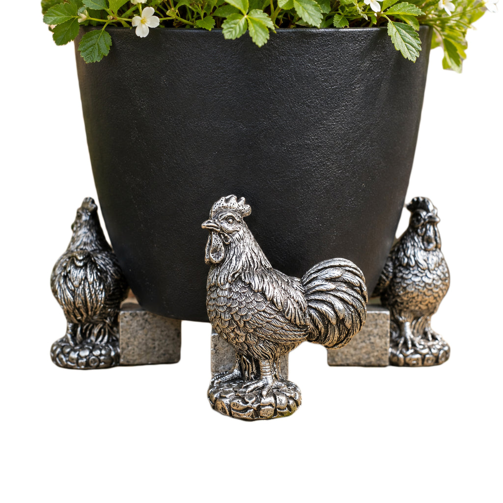 Set Of 3 Silver Cockerel Plant Pot Stands