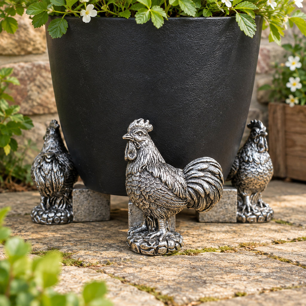 Set Of 3 Silver Cockerel Plant Pot Stands