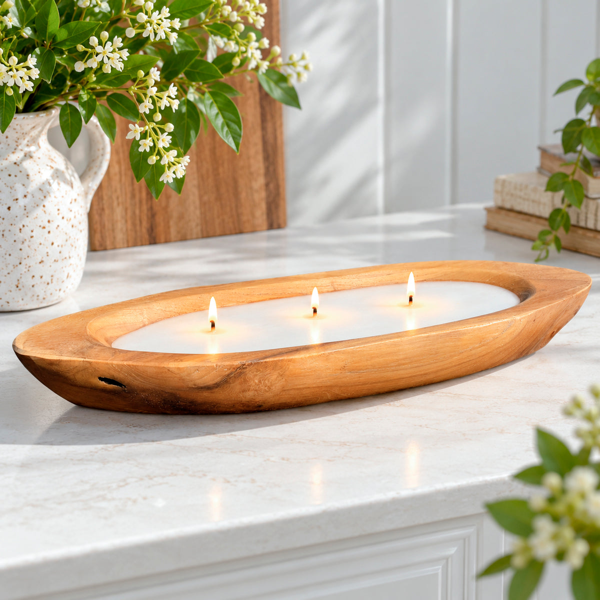Teak Root Wooden Boat Shaped 3 Wick Candle Bowl