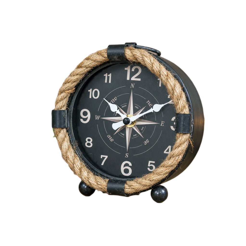 Black Nautical Rope Compass Mantel Clock