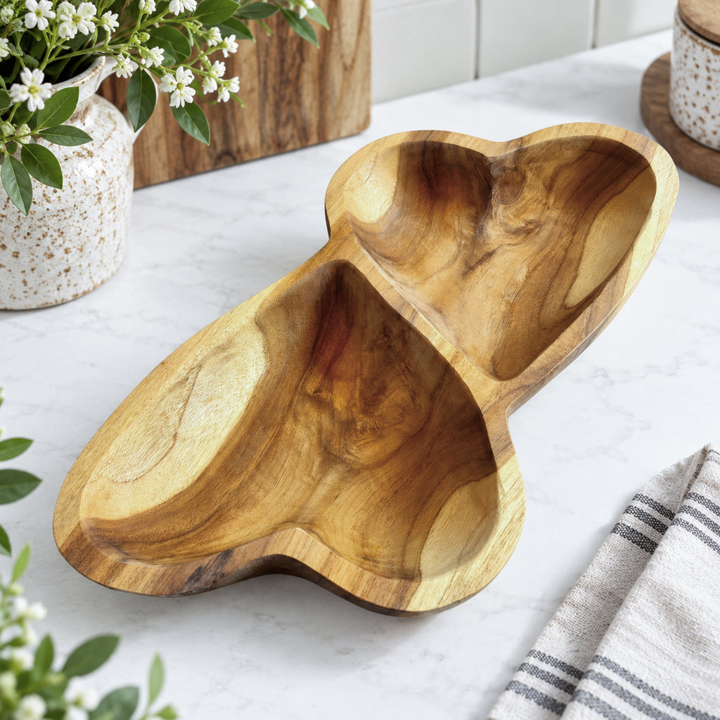Teak Wood Double Heart Sharing Bowl