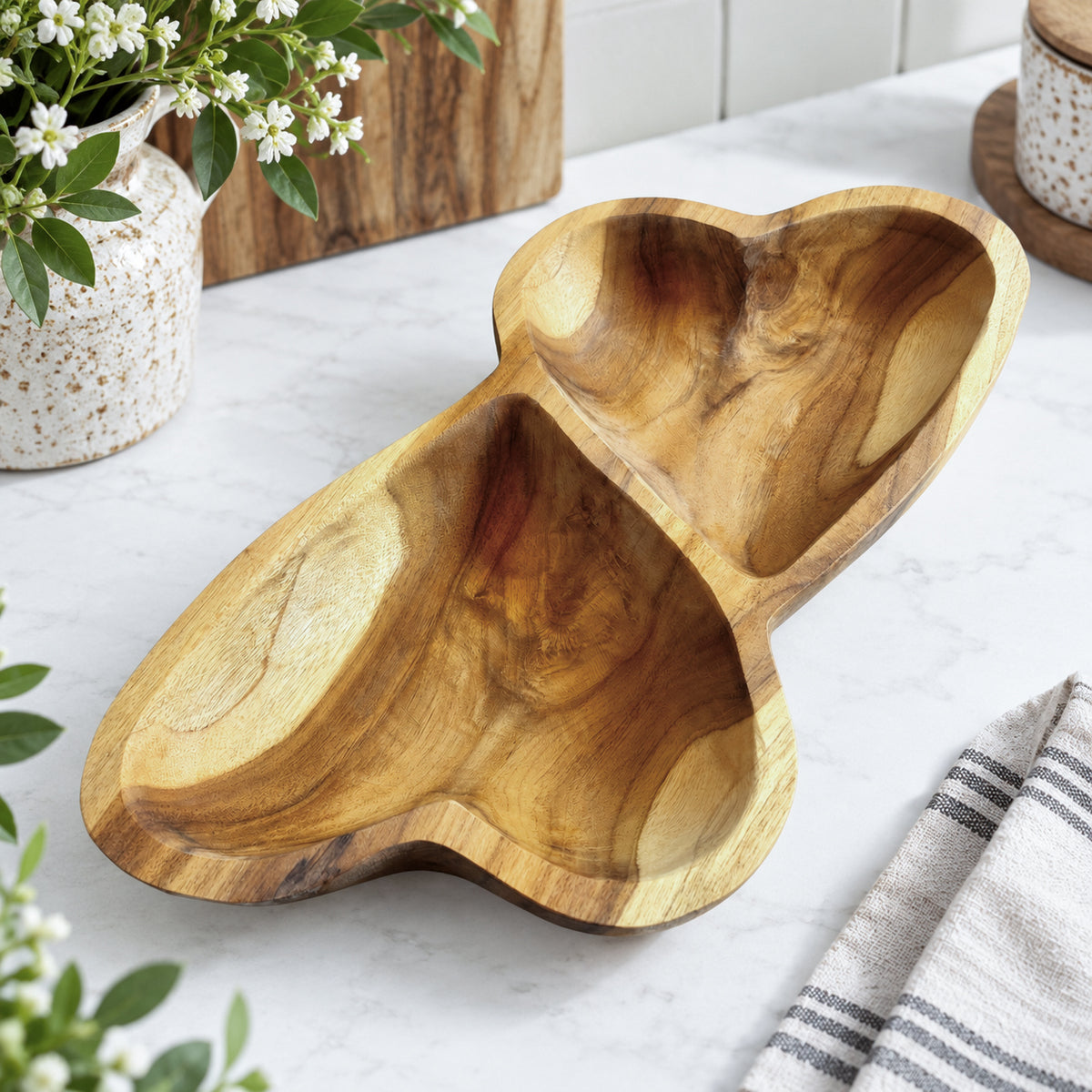 Teak Wood Double Heart Sharing Bowl