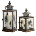 Set Of 2 Antique Gold Tree Glass Candle Lanterns