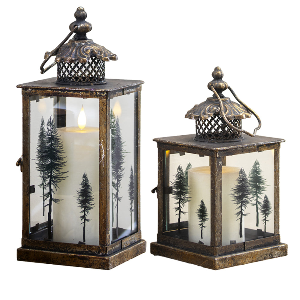 Set Of 2 Antique Gold Tree Glass Candle Lanterns