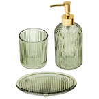 Set Of 3 Green Ribbed Glass Bathroom Accessories