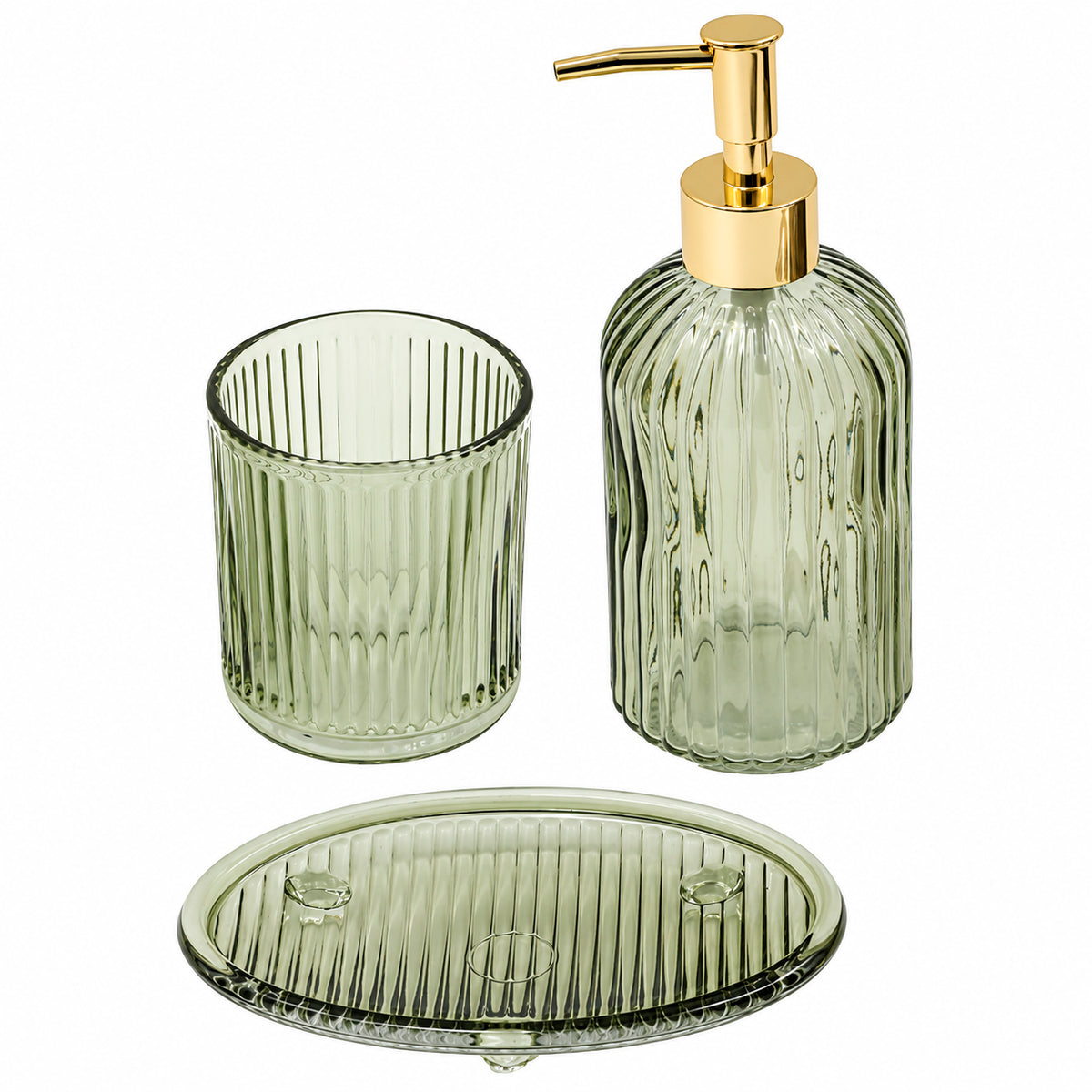 Set Of 3 Green Ribbed Glass Bathroom Accessories