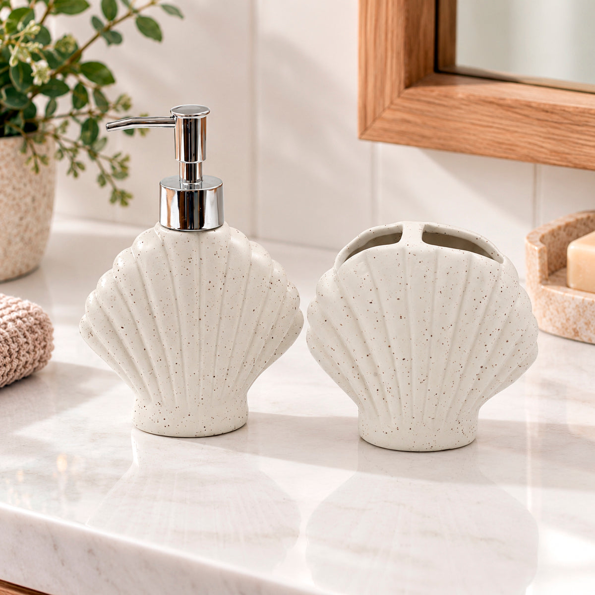 Set of 2 Speckled Shell Bathroom Accessories