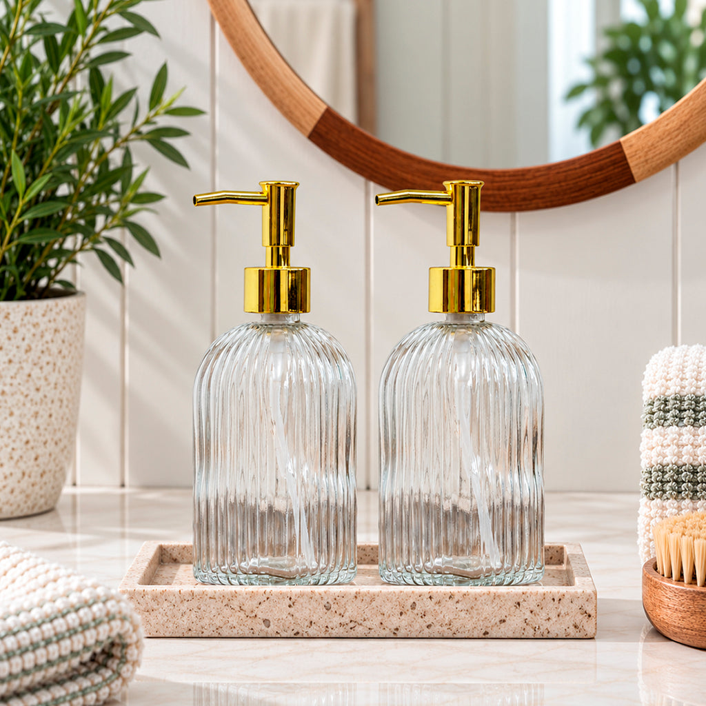 Set Of 2 Clear Ribbed Glass Soap Dispensers