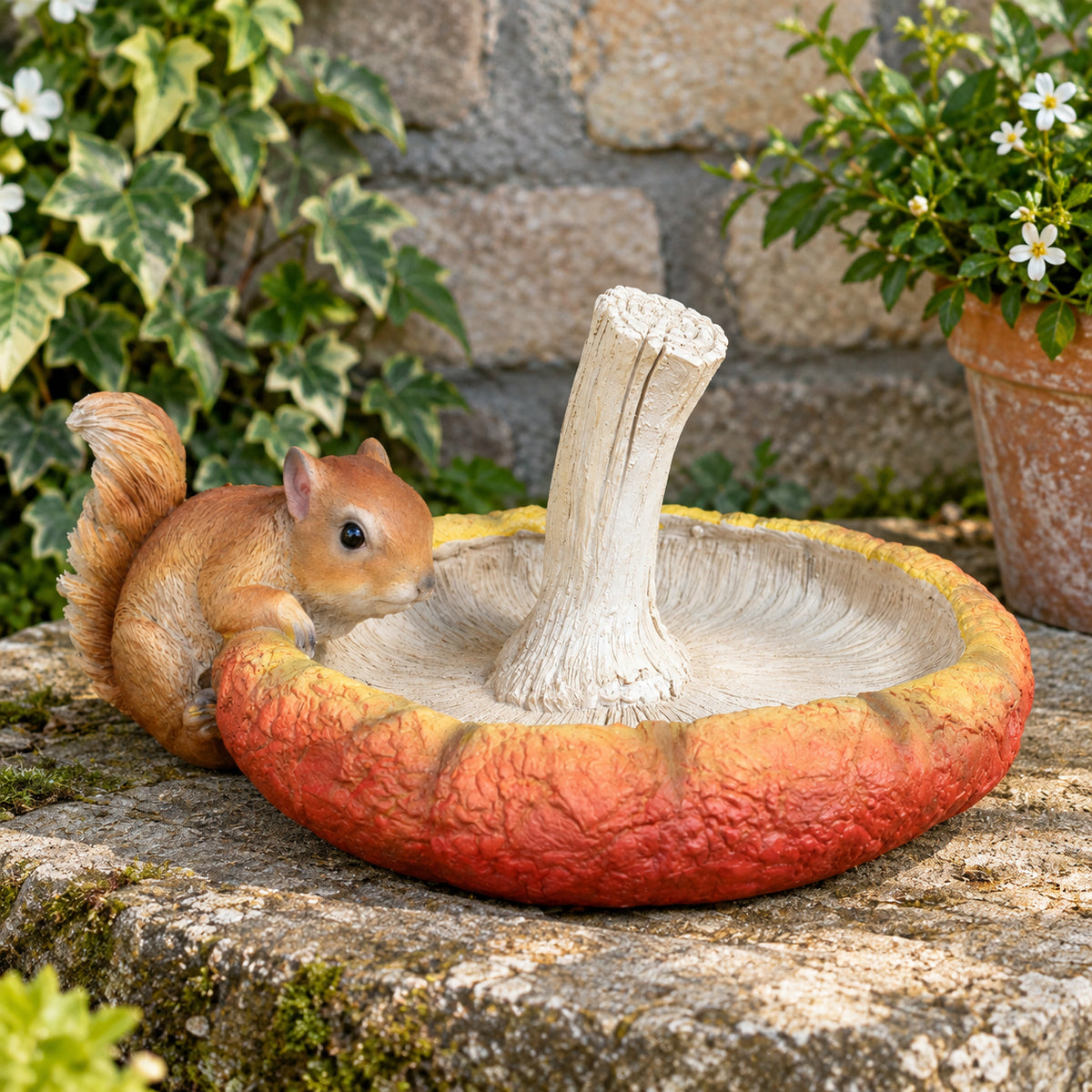 Squirrel on Mushroom Garden Bird Feeder