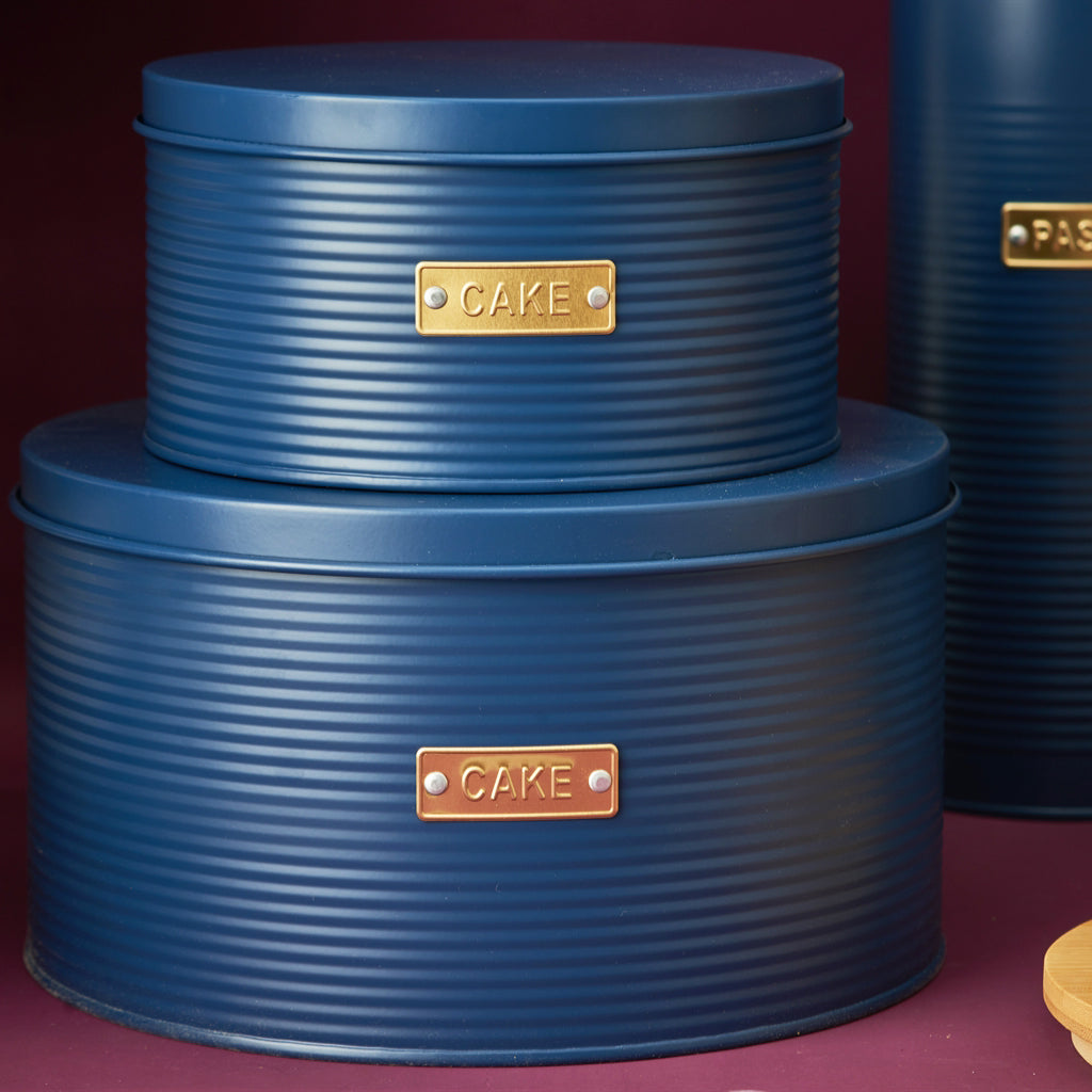 Set Of 2 Navy Blue Ribbed Nesting Cake Tins
