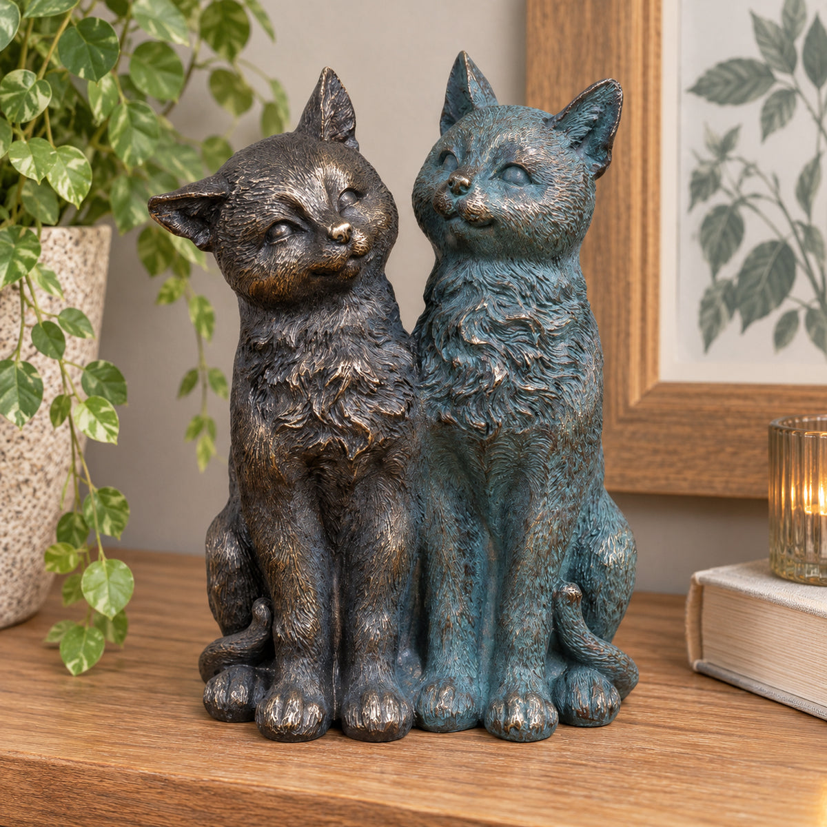 Antique Verdigris Bronze Pair Of Cats Ornament