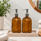 Set Of 2 Brown Ribbed Glass Soap Dispensers