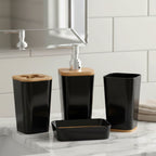 4 Piece Black Plastic / Bamboo Bathroom Accessories Set