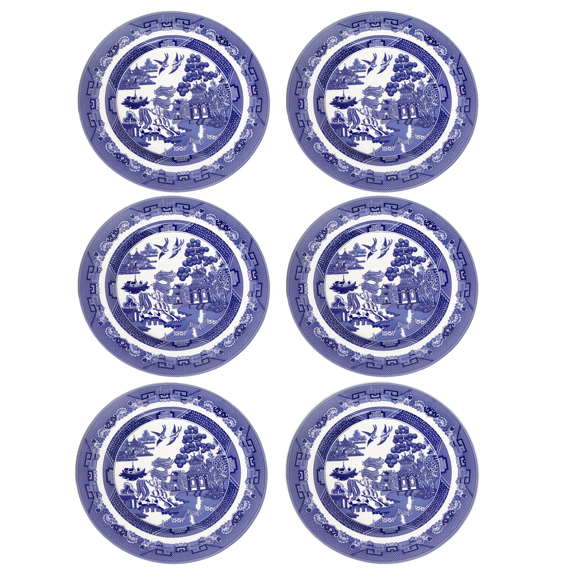 Set Of 6 Ceramic Blue Willow Dinner Plates 27cm