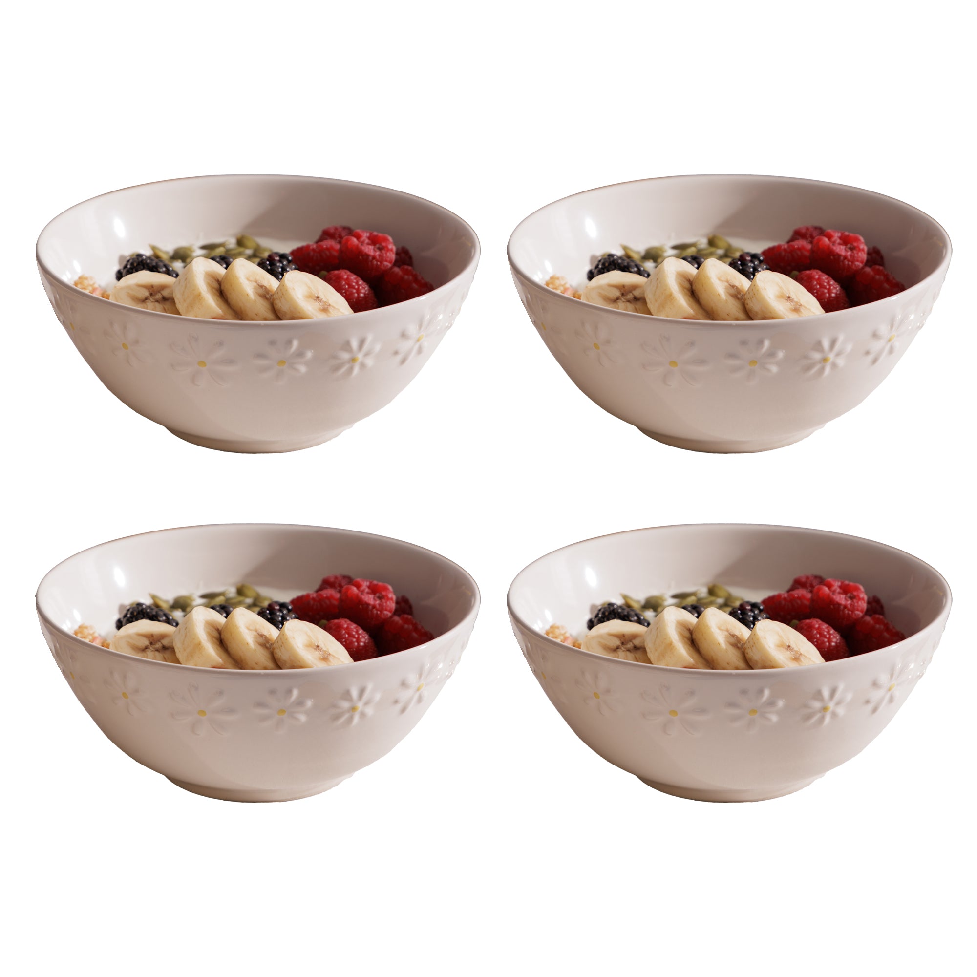 Set Of 4 White Daisy Cereal Bowls