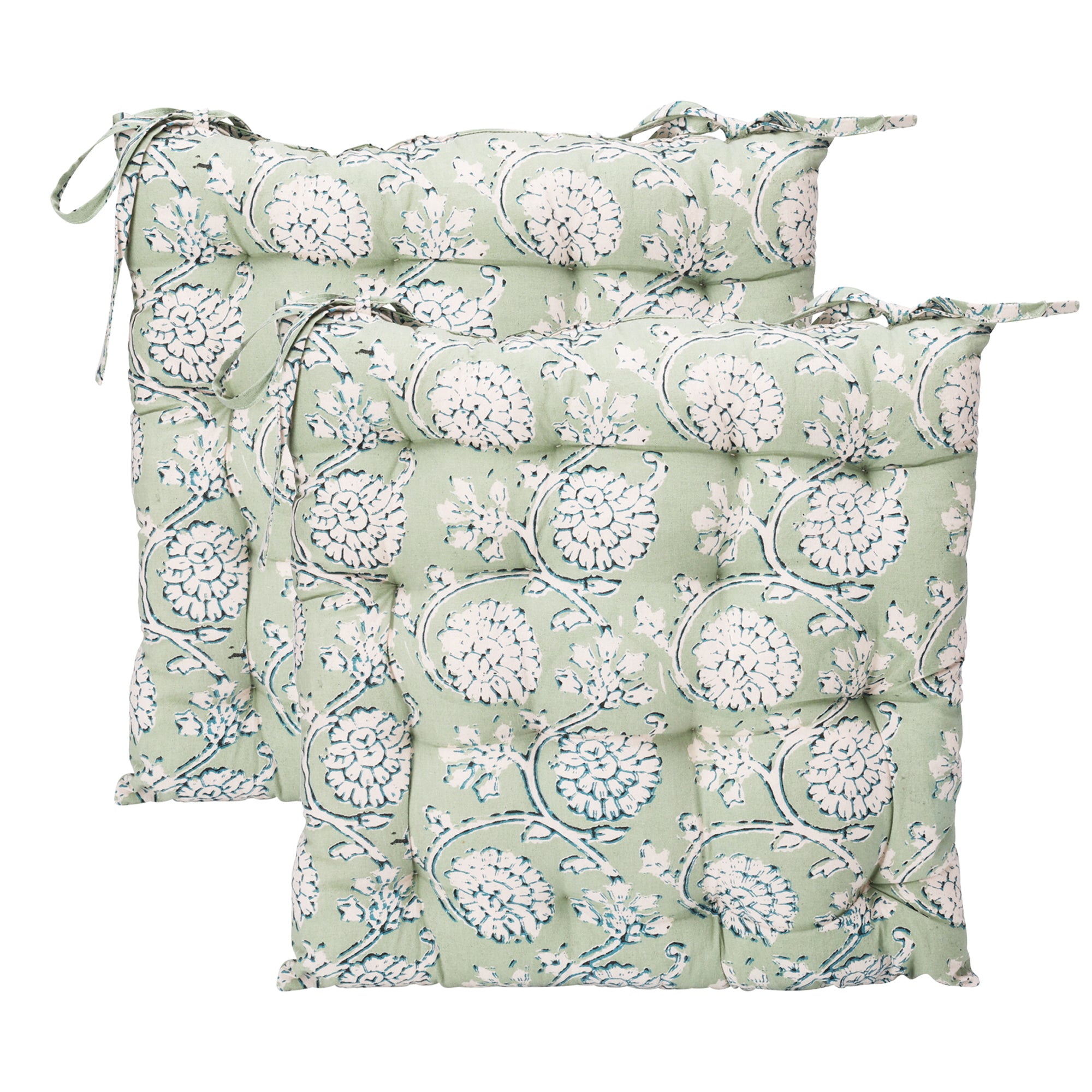 Set Of 2 Green Floral Cotton Outdoor Seat Pads