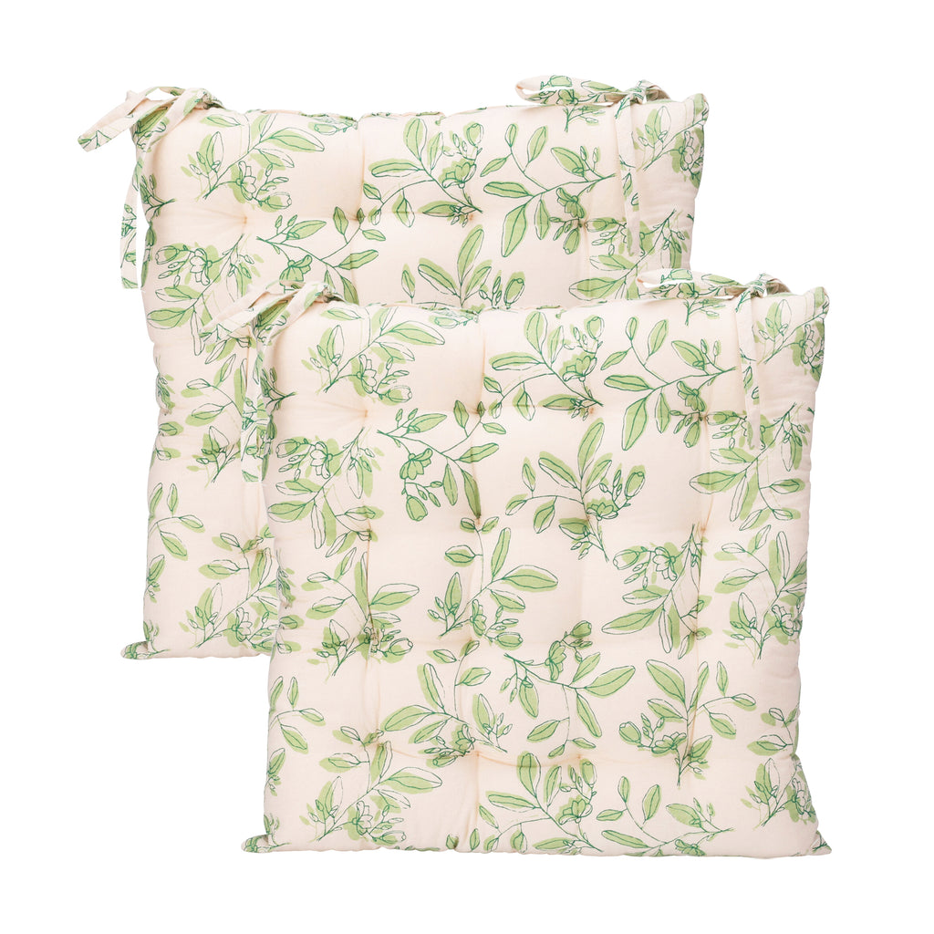 Set Of 2 Green Leaves Cotton Outdoor Seat Pads
