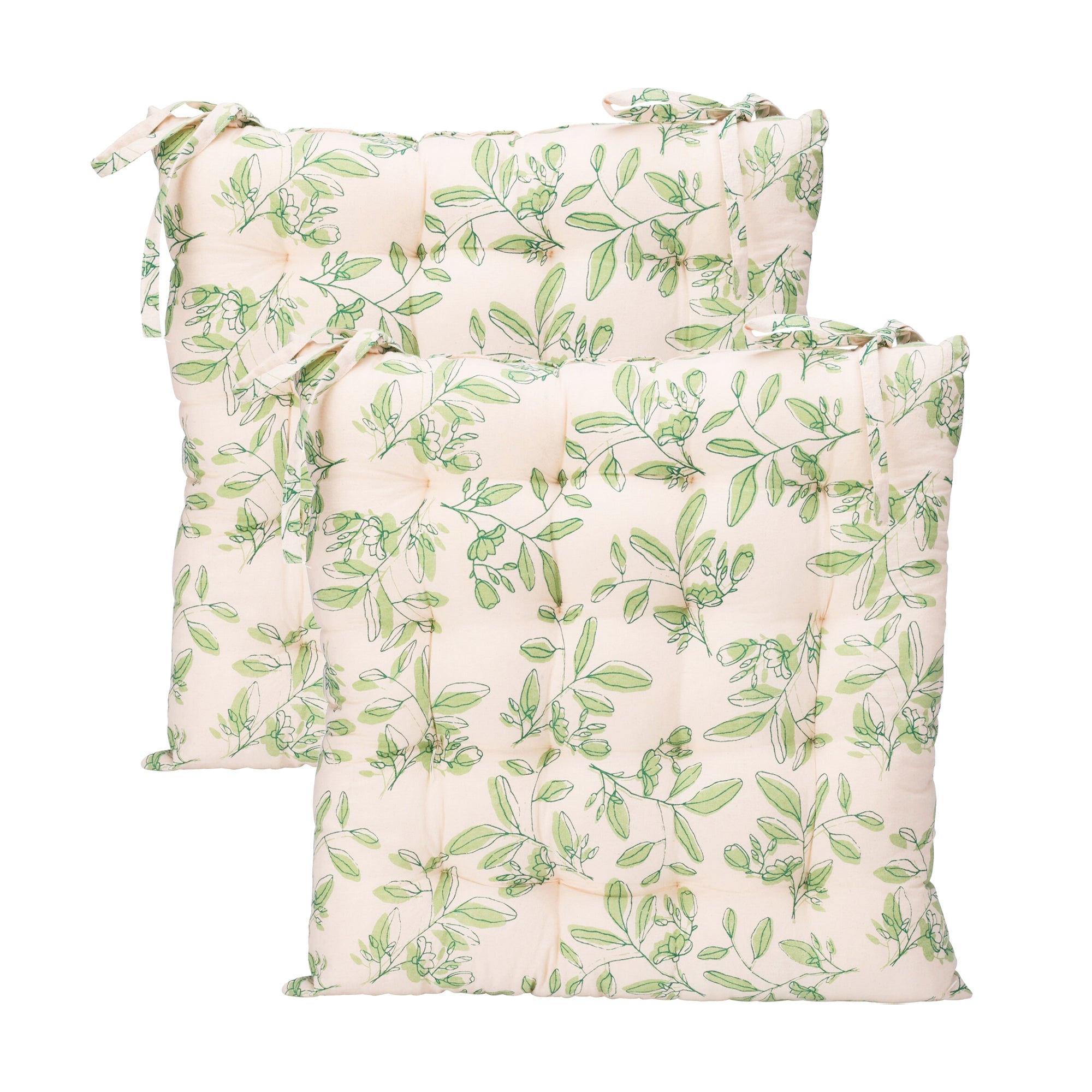 Set Of 2 Green Leaves Cotton Outdoor Seat Pads