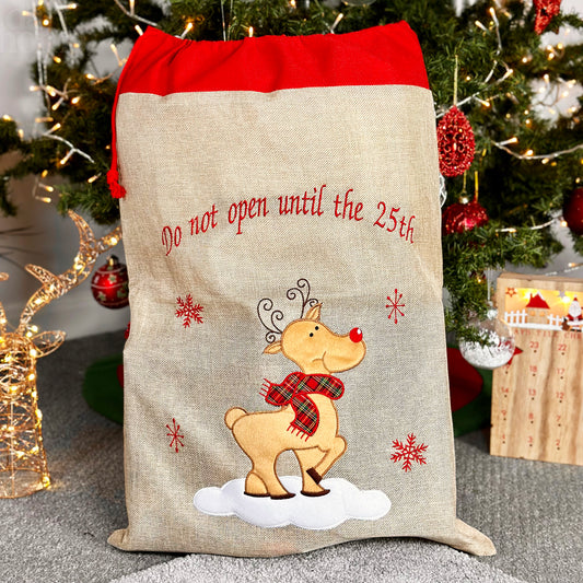 Jute Do Not Open Reindeer Santa Sack