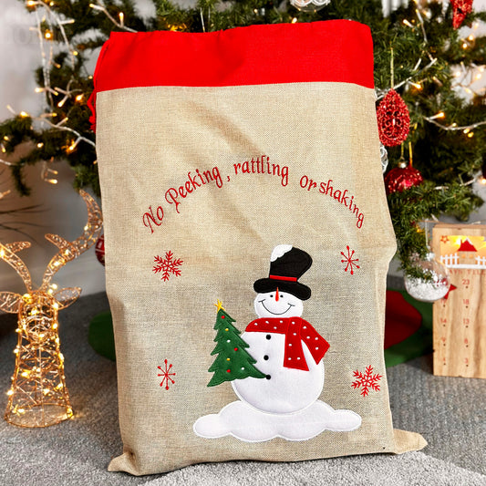 Niedlicher Jute-Schneemann-Weihnachtssack