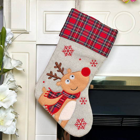 Tartan Hessian Reindeer Christmas Stocking