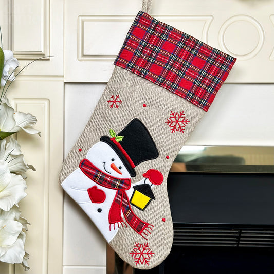 Tartan Hessian Snowman Christmas Stocking