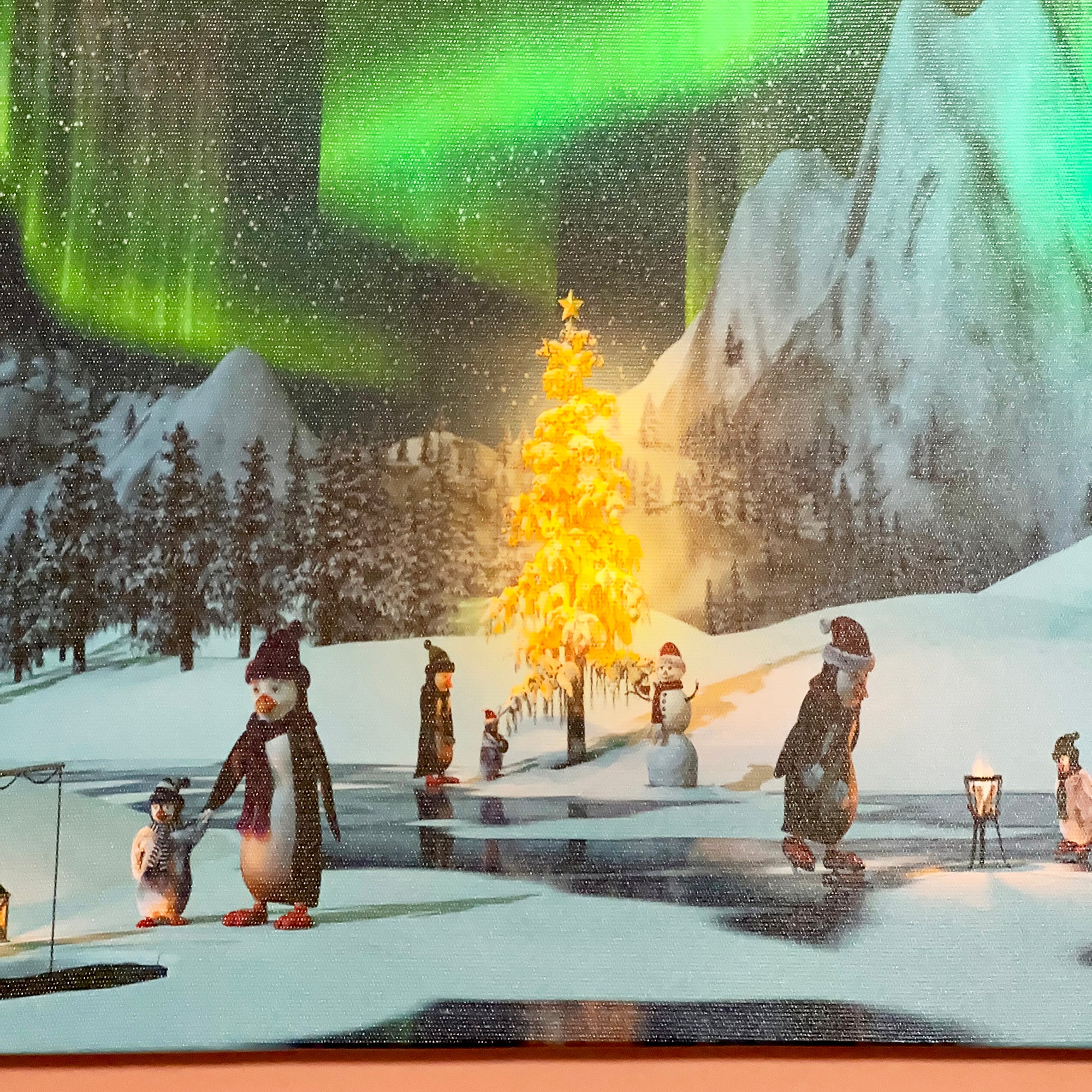Winter Penguin Northern Lights LED Canvas Art