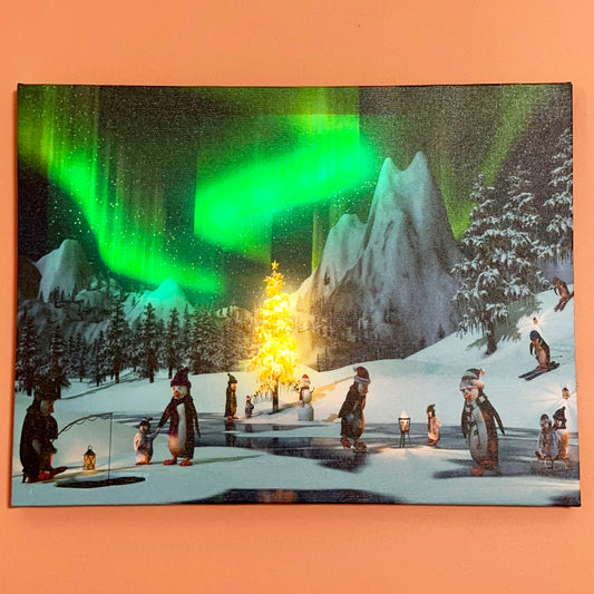 Winter Penguin Northern Lights LED Canvas Art