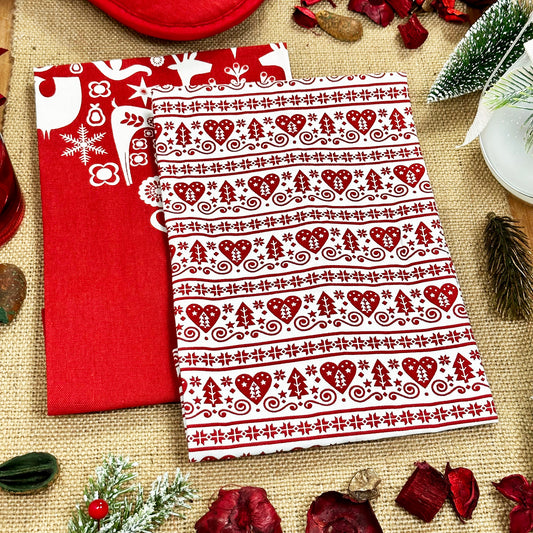 Pack Of 2 Red Nordic Christmas Tea Towels