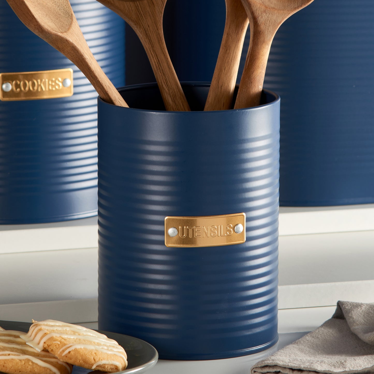 Navy Blue Ribbed Utensils Pot