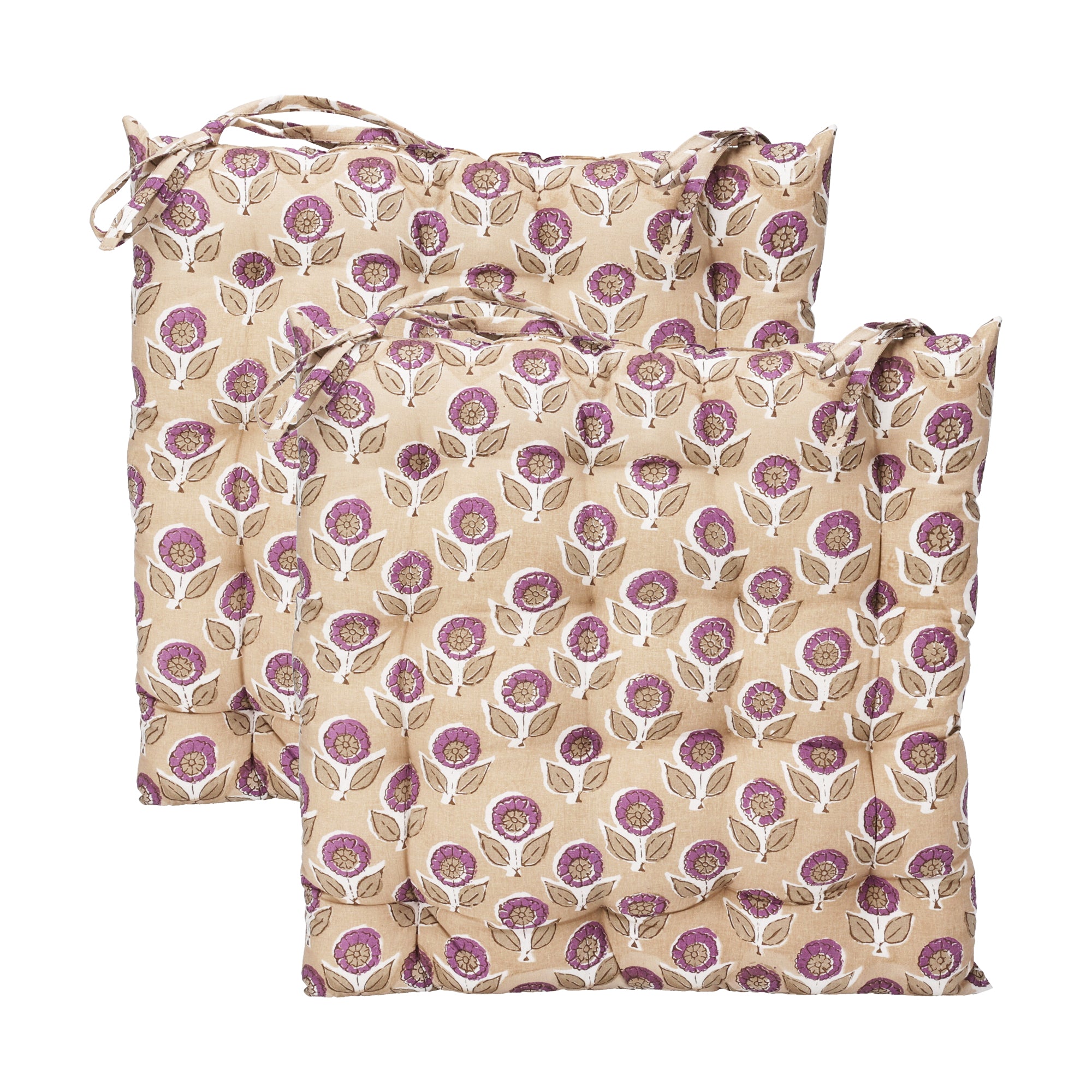 Set Of 2 Purple Flower Cotton Outdoor Seat Pads